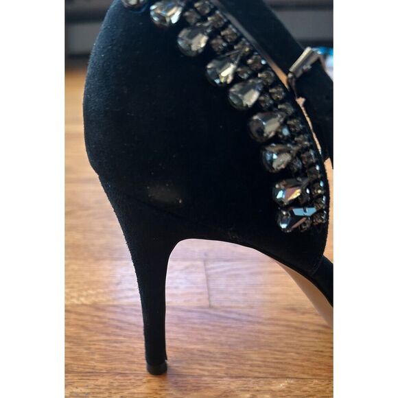 French Connection Black Suede Eleni Beaded Pointed Toe T-Strap Pumps Size 10 - Picture 2 of 10